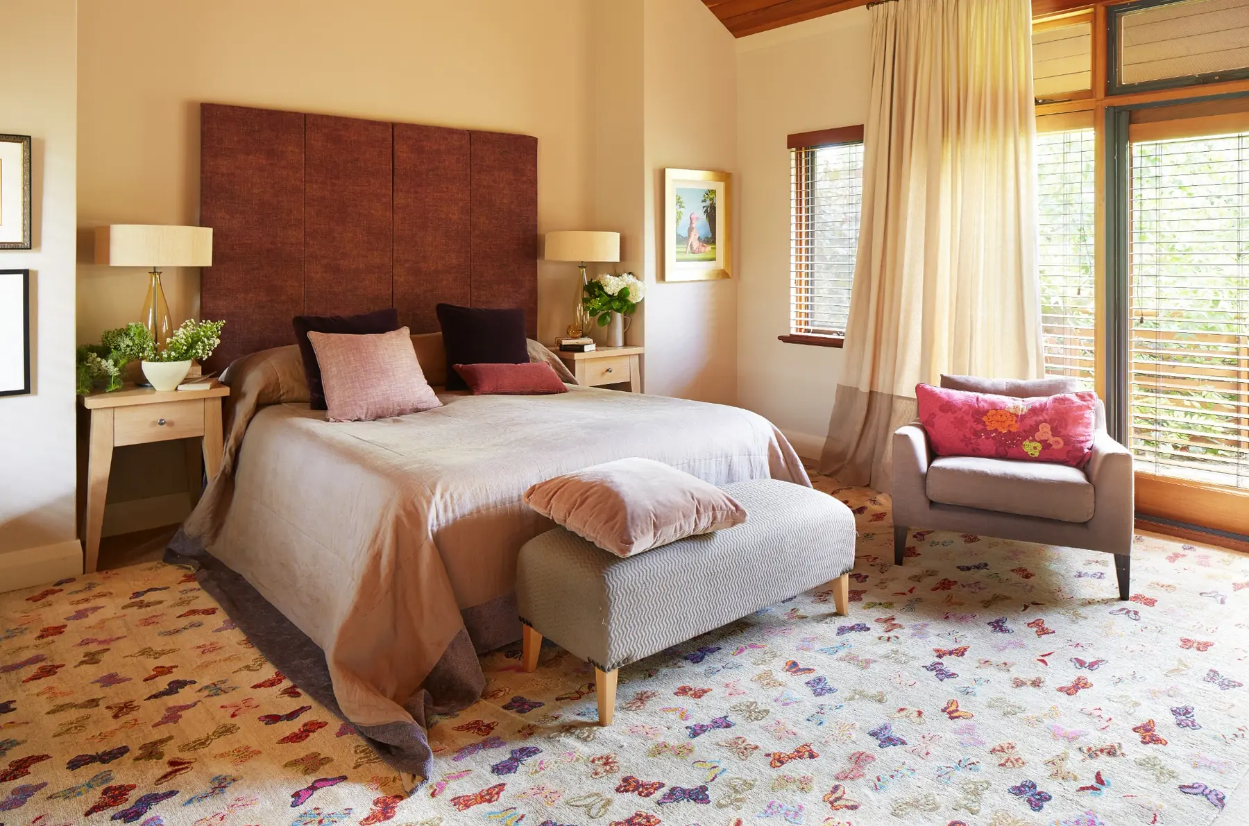 Bedroom with layered bedding in Cottesloe residence, Perth interior design