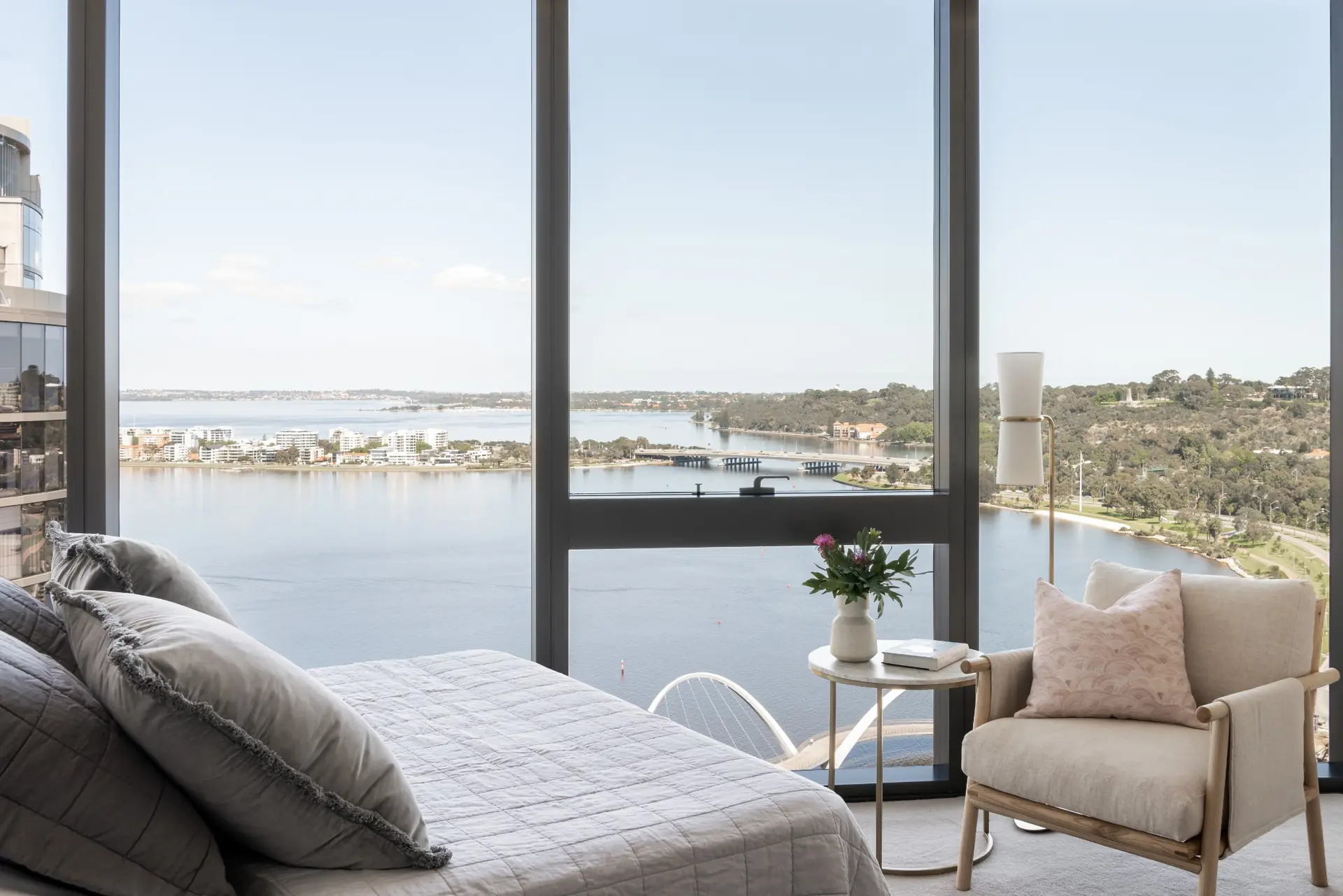 Bedroom seating with river views in Elizabeth Quay Ritz-Carlton apartment, Perth interior design
