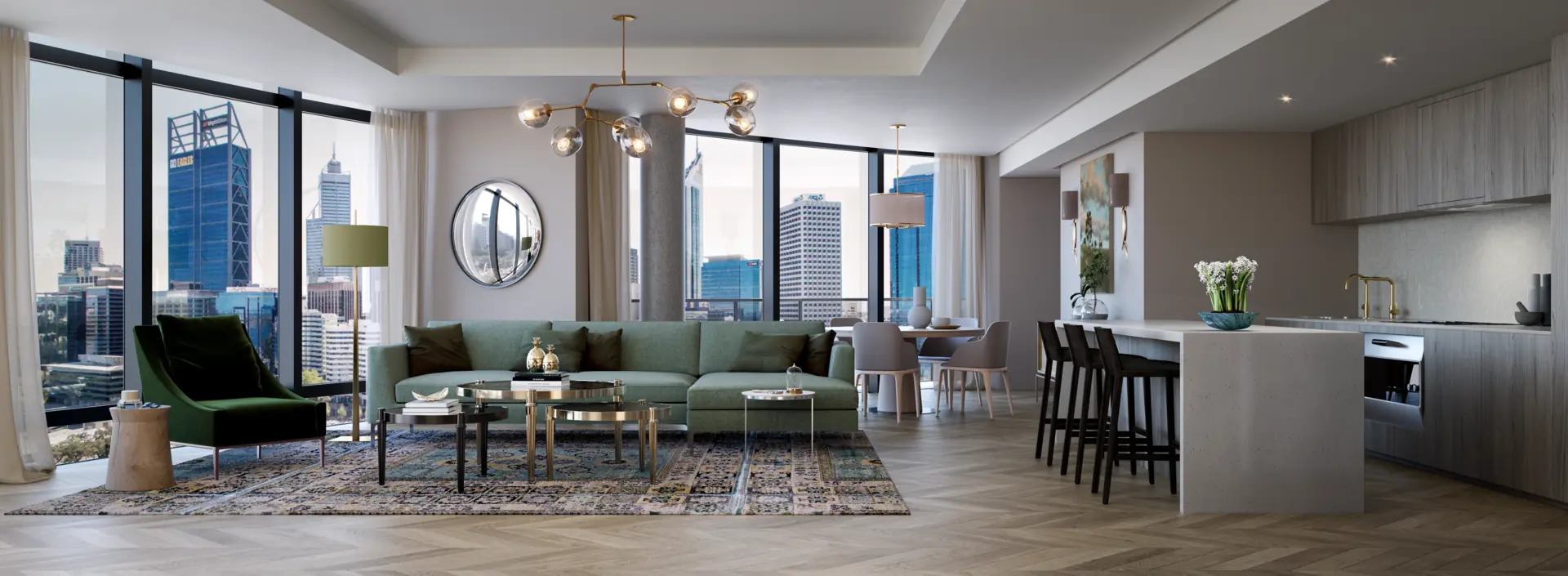 Open-plan living room with river views in Elizabeth Quay Ritz-Carlton penthouse, luxury interior design Perth