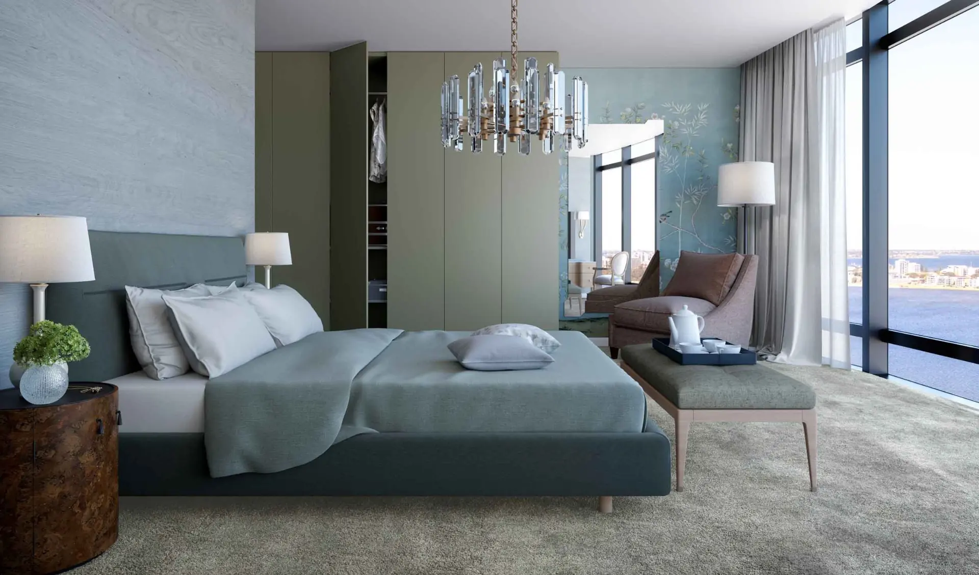 Master bedroom with floor-to-ceiling windows in Elizabeth Quay Ritz-Carlton penthouse, luxury interior design Perth