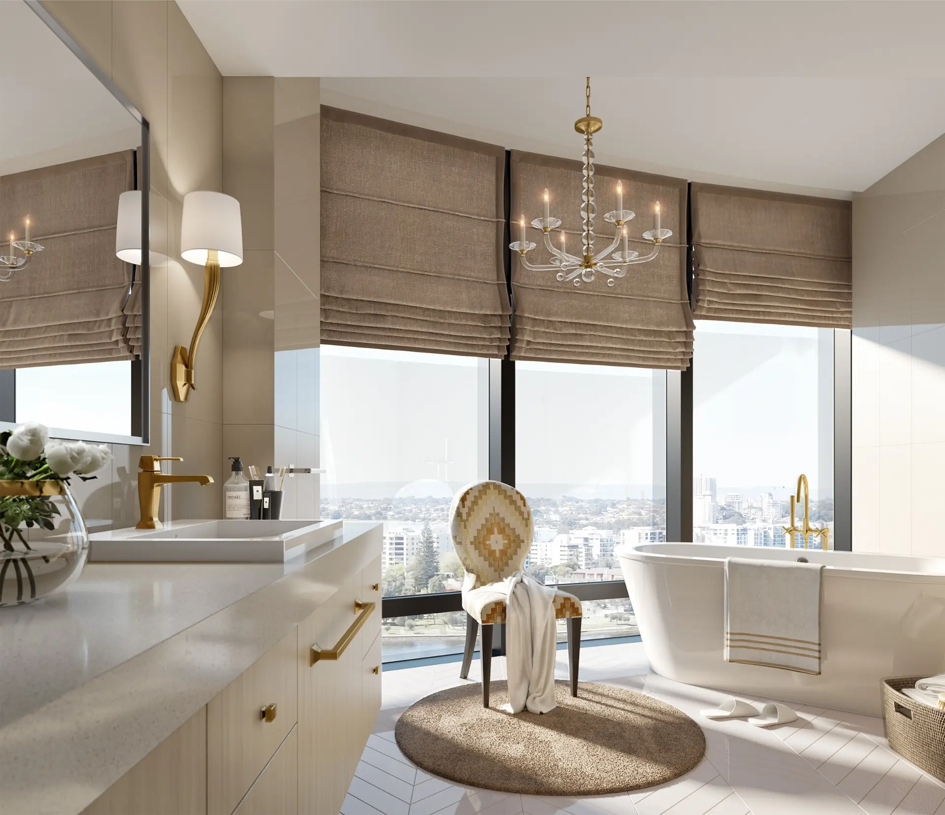 Freestanding bath and pendant lighting in Elizabeth Quay Ritz-Carlton penthouse master ensuite, Perth