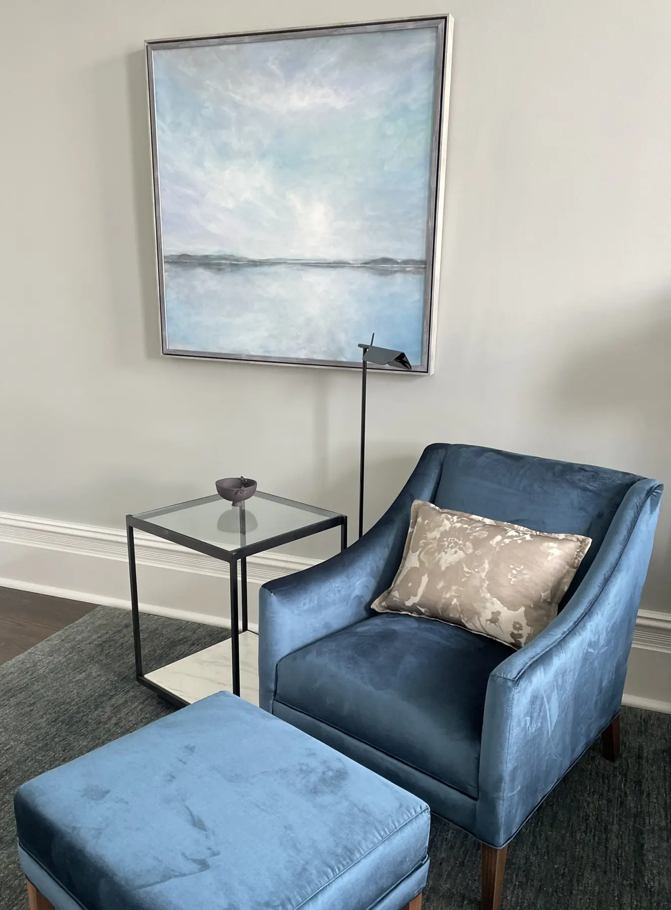Blue armchair beside window in Fremantle residence master bedroom, Perth