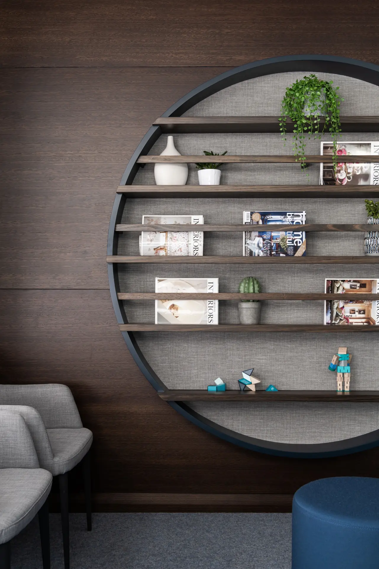 Close-up of circular display shelving in Profile Orthodontics, Perth
