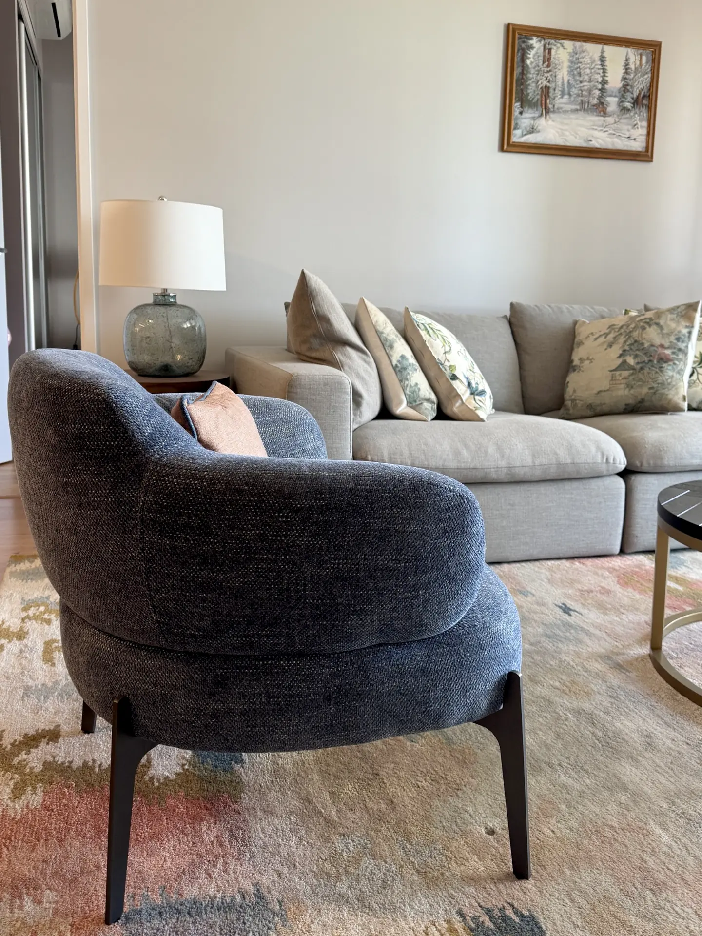 Living room armchair with cushions in Shenton Quarter apartment, Perth interior design