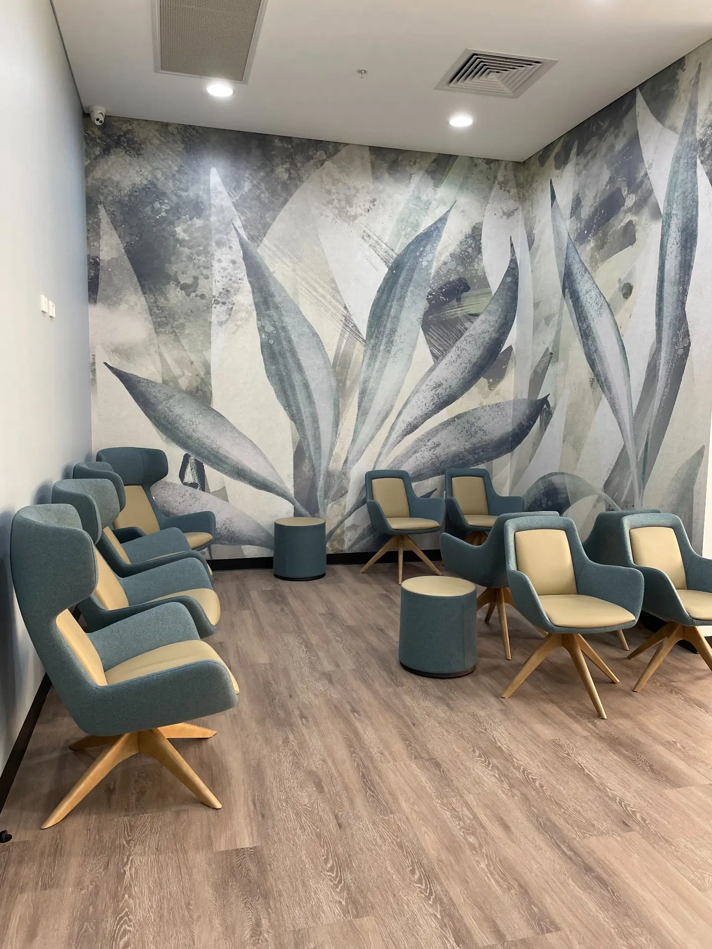 Waiting area with patterned wallpaper feature in Wesley Quarter Medical Centre, Perth interior design