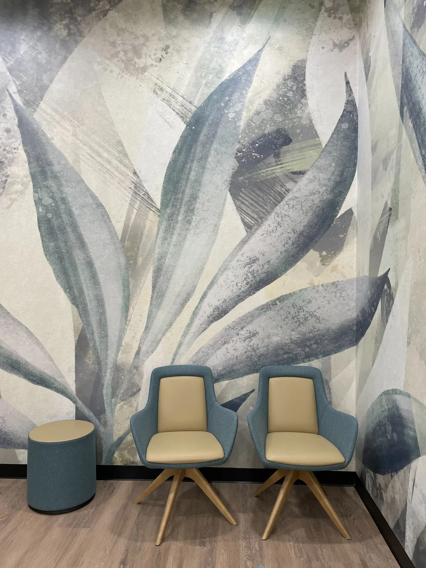 Waiting area seating with Close-up of patterned feature wallpaper in Wesley Quarter Medical Centre, Perth