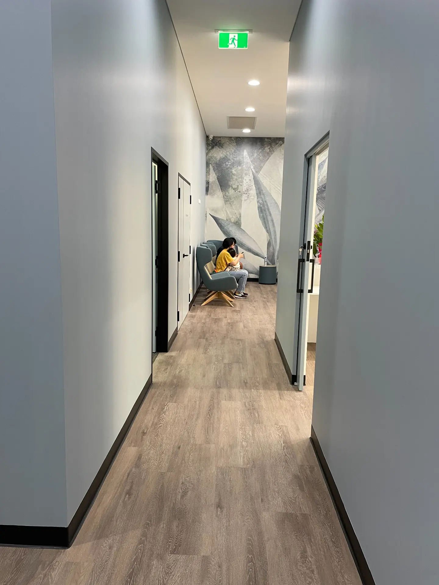 Corridor seating and consultation room doors in Wesley Quarter Medical Centre, Perth interior design